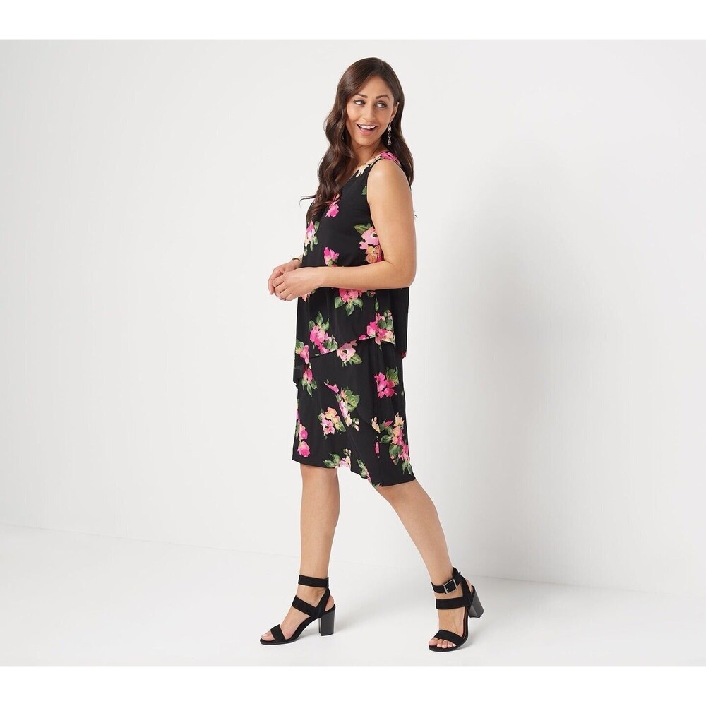 Susan Graver Liquid Knit Sleeveless Tiered Floral Dress 3X Black Pink Sheath